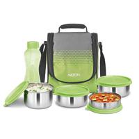 Milton Tasty 4 Stainless Steel Containers Combo Lunch Bag With Bottle - Green MT_TSS6_GR