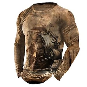 Men's Unisex T shirt Tee Graphic Prints Crew Neck Brown 3D Print Sailboat Outdoor Street Long Sleeve Print Clothing Apparel Vintage Sports Casual Big and Tall miniinthebox
