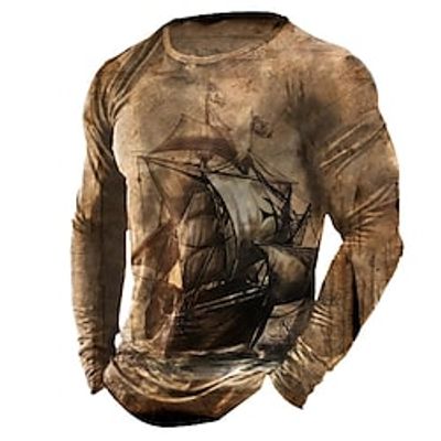 Men's Unisex T shirt Tee Graphic Prints Crew Neck Brown 3D Print Sailboat Outdoor Street Long Sleeve Print Clothing Apparel Vintage Sports Casual Big and Tall miniinthebox
