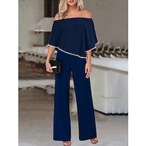 Women's Jumpsuit Solid Color Off Shoulder Elegant Office Daily Straight Regular Fit Half Sleeve Cold Shoulder Black Navy Blue S M L Summer Lightinthebox