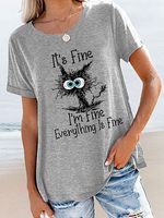 Round Neck Casual Loose Cat Letter Print Short Sleeve T-shirt