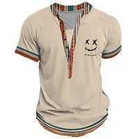 Smile Face Men's Ethnic Style 3D Print T shirt Tee Henley Shirt Casual Daily T shirt Black Yellow Khaki Short Sleeve Henley Shirt Summer Clothing Apparel S M L XL XXL 3XL Lightinthebox