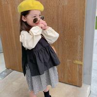 Girls two-piece fashion Korean version of long-sleeved plaid stitching princess dress suspender suit new small and medium-sized virgin baby dresses