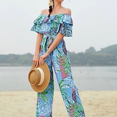 Women's Jumpsuit Floral Off Shoulder Casual Vacation Beach Slim Short Sleeve Green Blue Pink S M L Fall miniinthebox