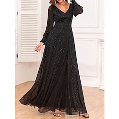 Women's Black Dress Prom Dress Party Dress Long Dress Maxi Dress Black Long Sleeve Dot Sparkly Spring Fall Winter V Neck Fashion Winter Dress Wedding Guest Evening Party 2023 S M L XL Lightinthebox