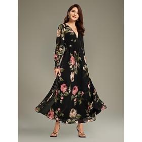 Women's Elegant Floral Print V Neck Long Sleeve Ruched Chiffon Maxi Dress Formal Casual Wedding Guest Wear