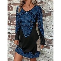 Women's Casual Dress Winter Dress T Shirt Dress Tee Dress Floral Print V Neck Mini Dress Vintage Ethnic Outdoor Daily Long Sleeve Loose Fit Black Wine Blue Fall Winter S M L XL XXL Lightinthebox - thumbnail