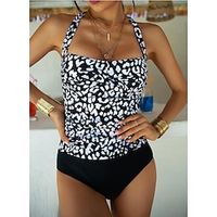 Women's Swimwear Tankini 2 Piece Normal Swimsuit High Waisted Leopard Black Padded Bathing Suits Sports Vacation Holiday / New miniinthebox - thumbnail