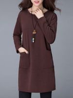 Solid Pocket Long Sleeve Thick Cotton Dress
