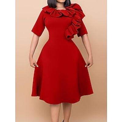 Women's Party Dress Cocktail Dress Swing Dress Midi Dress Red Royal Blue Purple Half Sleeve Pure Color Ruffle Spring Fall Winter Crew Neck Fashion Wedding Guest Birthday Vacation 2023 S M L XL XXL 3XL Lightinthebox