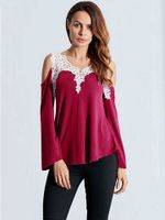 Women Lace Patchwork Hollow Crochet Off Shoulder Solid T-Shirts