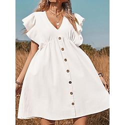 Women's Casual Dress Cotton Linen Dress White Cotton Dress Mini Dress Ruffle Button Basic Daily V Neck Short Sleeve Summer Spring Black White Plain Lightinthebox