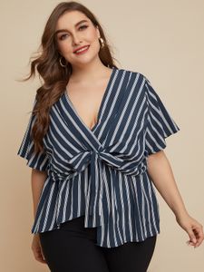 Plus Size V-neck Tie-up Design Short Sleeves Blouse