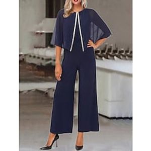 Women's Jumpsuit 2-Piece Solid Color Crew Neck Elegant Party Business Straight Regular Fit 34 Length Sleeve Bell Sleeve Navy Blue S M L Summer Lightinthebox