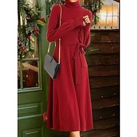 Women's Christmas Sweater Dress Turtleneck Ribbed Knit Core Spun Yarn Lace up Knitted Fall Winter Long Outdoor Daily Going out Streetwear Stylish Casual Long Sleeve Pure Color Black Wine Blue One-Size miniinthebox - thumbnail