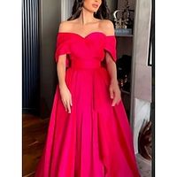 A-Line Evening Gown Elegant Dress Formal Floor Length Christmas Red Green Dress Short Sleeve Off Shoulder Satin with Pleats 2023 Lightinthebox - thumbnail