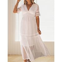 Women's White Dress Casual Dress Summer Dress Midi Dress Lace Patchwork Date Vacation Elegant Streetwear V Neck Short Sleeve White Pink Color Lightinthebox