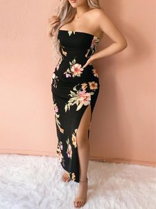 YOINS Tube Top High Slit Random Floral Print Sleeveless Dress