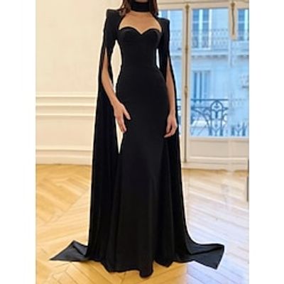 A-Line Evening Gown Elegant Dress Black Dress Formal Sweep  Brush Train Long Sleeve Sweetheart Stretch Fabric with Pleats 2023 Lightinthebox