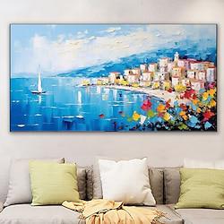 Big Size Mediterranean Landscape Oil Painting on canvas Impressionist Mediterranean-sea Canvas Art Textured Coastal Wall Art for Living Room Home Decor Lightinthebox