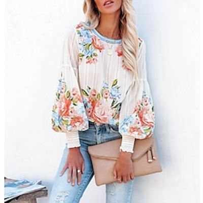 Women's Shirt Blouse White Floral Print Long Sleeve Casual Holiday Fashion Round Neck Regular Fit Floral Lantern Sleeve Spring Fall Lightinthebox Women's Shirt Blouse White Floral Print Long Sleeve Casual Holiday Fashion Round Neck Regular Fit Floral Lantern Sleeve Spring Fall Lightinthebox