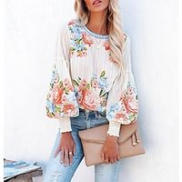 Women's Shirt Blouse White Floral Print Long Sleeve Casual Holiday Fashion Round Neck Regular Fit Floral Lantern Sleeve Spring   Fall Lightinthebox - thumbnail