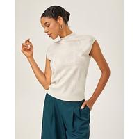 Ivory Wool Jacquard Mock Neck Knit Top