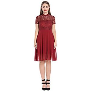 A-Line Flirty Elegant Party Wear Cocktail Party Dress Illusion Neck Short Sleeve Knee Length Chiffon with Lace Insert 2021 miniinthebox