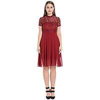 A-Line Flirty Elegant Party Wear Cocktail Party Dress Illusion Neck Short Sleeve Knee Length Chiffon with Lace Insert 2021 miniinthebox - thumbnail