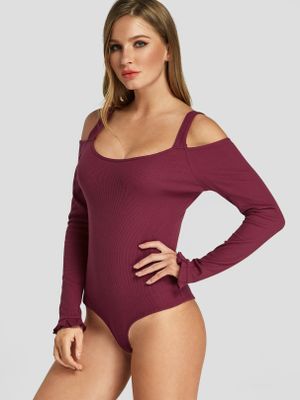 Burgundy Cold Shoulder Long Sleeves Knitted Bodysuit Burgundy Cold Shoulder Long Sleeves Knitted Bodysuit