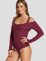 Burgundy Cold Shoulder Long Sleeves Knitted Bodysuit - thumbnail