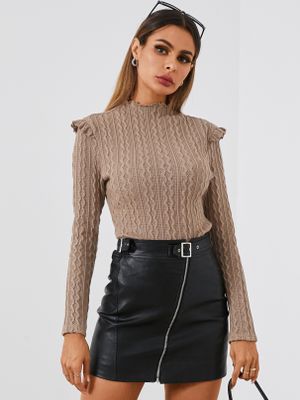 YOINS Khaki Lettuce-edge Cable Knit Mock Neck Long Sleeves Knitwear YOINS Khaki Lettuce-edge Cable Knit Mock Neck Long Sleeves Knitwear