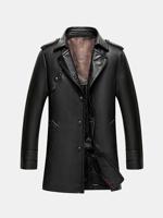 PU Leather Solid Color Mid-long Trench Coat