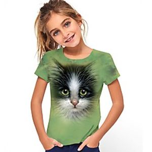 Kids Girls' T shirt Short Sleeve Cat Animal Print Green Children Tops Summer Active Cute Daily Wear Regular Fit 4-12 Years Lightinthebox