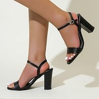 Women's Sandals Chunky Heel Open Toe PU Leather Ankle Strap Black Beige Lightinthebox - thumbnail