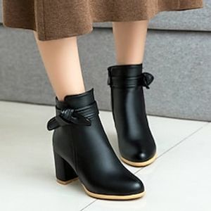 Women's Boots Daily Booties Ankle Boots Bowknot Chunky Heel Pointed Toe PU Zipper Solid Colored Black White Beige miniinthebox