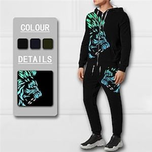Men's Tracksuit Hoodies Set Full Zip Hoodie Black Army Green Navy Blue Hooded Graphic Lion Zipper 2 Piece Print Sports  Outdoor Casual Sports 3D Print Basic Streetwear Designer Fall Spring Clothing Lightinthebox