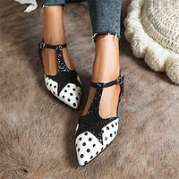Women's Sandals Flats Mary Jane Daily Buckle Block Heel Pointed Toe Casual Walking PU T-Strap Polka Dot Color Block Black miniinthebox - thumbnail