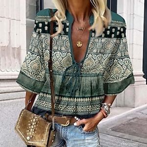 Women's Shirt Blouse Graphic Purple Green Gray Print Lace up 34 Length Sleeve Casual Fashion V Neck Regular Fit Spring   Fall Lightinthebox