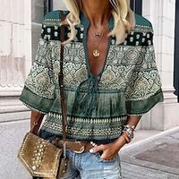 Women's Shirt Blouse Graphic Purple Green Gray Print Lace up 34 Length Sleeve Casual Fashion V Neck Regular Fit Spring   Fall Lightinthebox - thumbnail