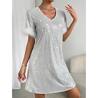 Women's Sequin Dress Party Dress Feather Dress Mini Dress White Short Sleeve Plain Sequins Spring Fall Winter V Neck Formal Winter Dress Wedding Guest Vacation S M L XL Lightinthebox - thumbnail