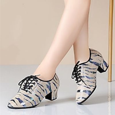 Women's Latin Shoes Practice Trainning Dance Shoes Performance Training Heel Flower Cuban Heel Round Toe Lace-up Adults' khaki miniinthebox