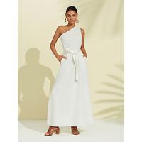 White Pure Linen One-shoulder Maxi Dress - thumbnail