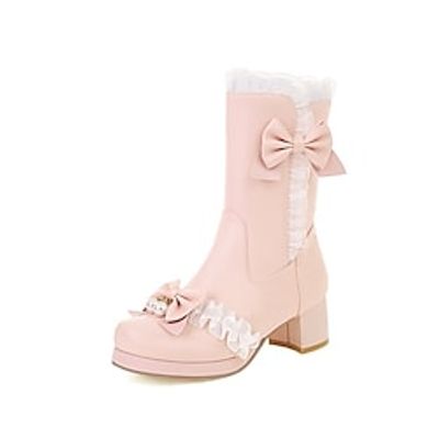 Women's Boots Lolita Daily Booties Ankle Boots Winter Bowknot Chunky Heel Square Toe Sweet PU Leather Zipper Solid Colored Black White Rosy Pink miniinthebox