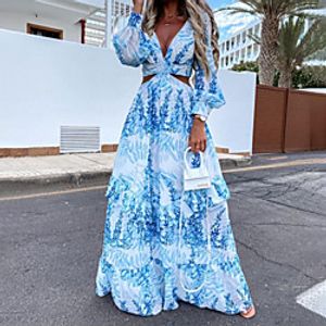 Women's Party Dress Maxi long Dress Green Blue Pink Yellow Long Sleeve Floral Hollow Out Print Spring Summer V Neck Party Stylish Elegant Party 2022 S M L XL XXL Lightinthebox