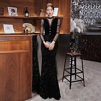 black evening dress skirt female 2021 spring new atmosphere banquet fishtail long-sleeved annual meeting host temperament self-cultivation miniinthebox - thumbnail