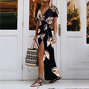 Women's Swing Dress Maxi long Dress Wine Black Short Sleeve Floral Split Print Summer V Neck Casual 2021 S M L XL XXL miniinthebox