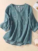 V-neck Casual Loose Embroidered Short-sleeved Blouse