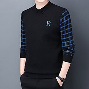 Men's Pullover Sweater Stripe Knitted Letter Vintage Style Monogram Long Sleeve Sweater Cardigans Crew Neck Fall Winter Blue Yellow White / Club miniinthebox