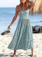 Round Neck Floral Print Resort Sleeveless Midi Dress - thumbnail